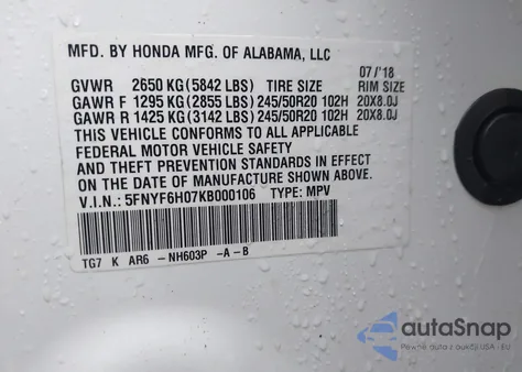 2019 Honda Pilot Elite z USA, uszkodzony, nr VIN 5FNYF6H07KB000106